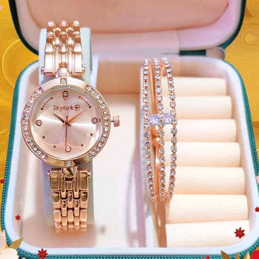 The Timeless Duo: Crystal-Bezel Watch & Matching Bangle Set