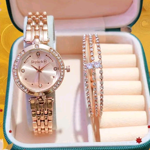 The Timeless Duo: Crystal-Bezel Watch & Matching Bangle Set