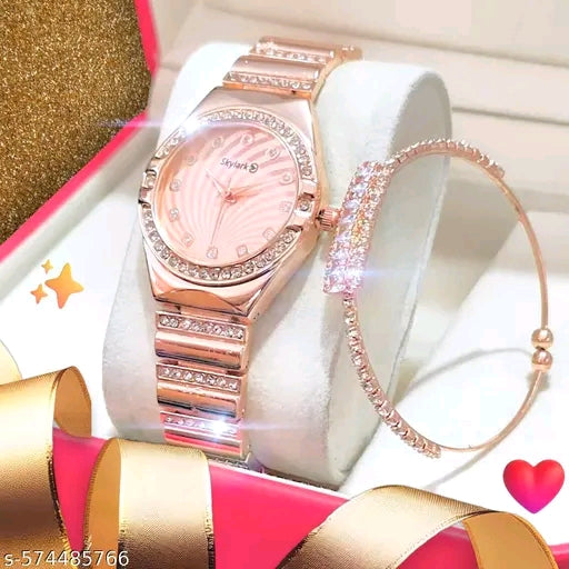 The Timeless Duo: Crystal-Bezel Watch & Matching Bangle Set Golden
