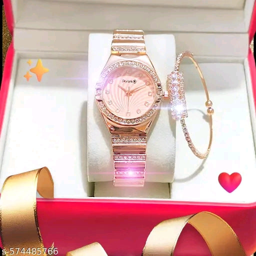 The Timeless Duo: Crystal-Bezel Watch & Matching Bangle Set Golden